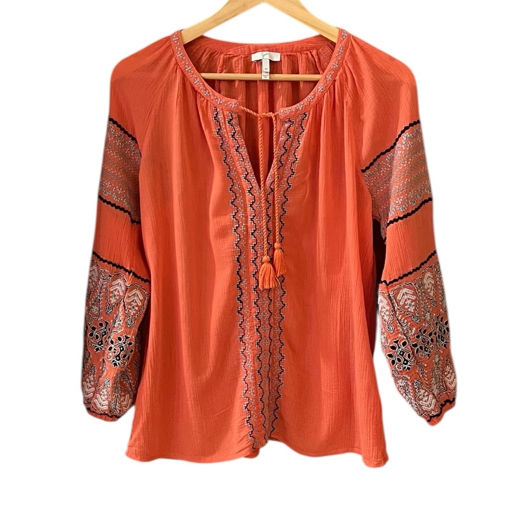 Joie ‘Nelida’ Coral Embroidered Peasant Top Size XS Boho Hippichic